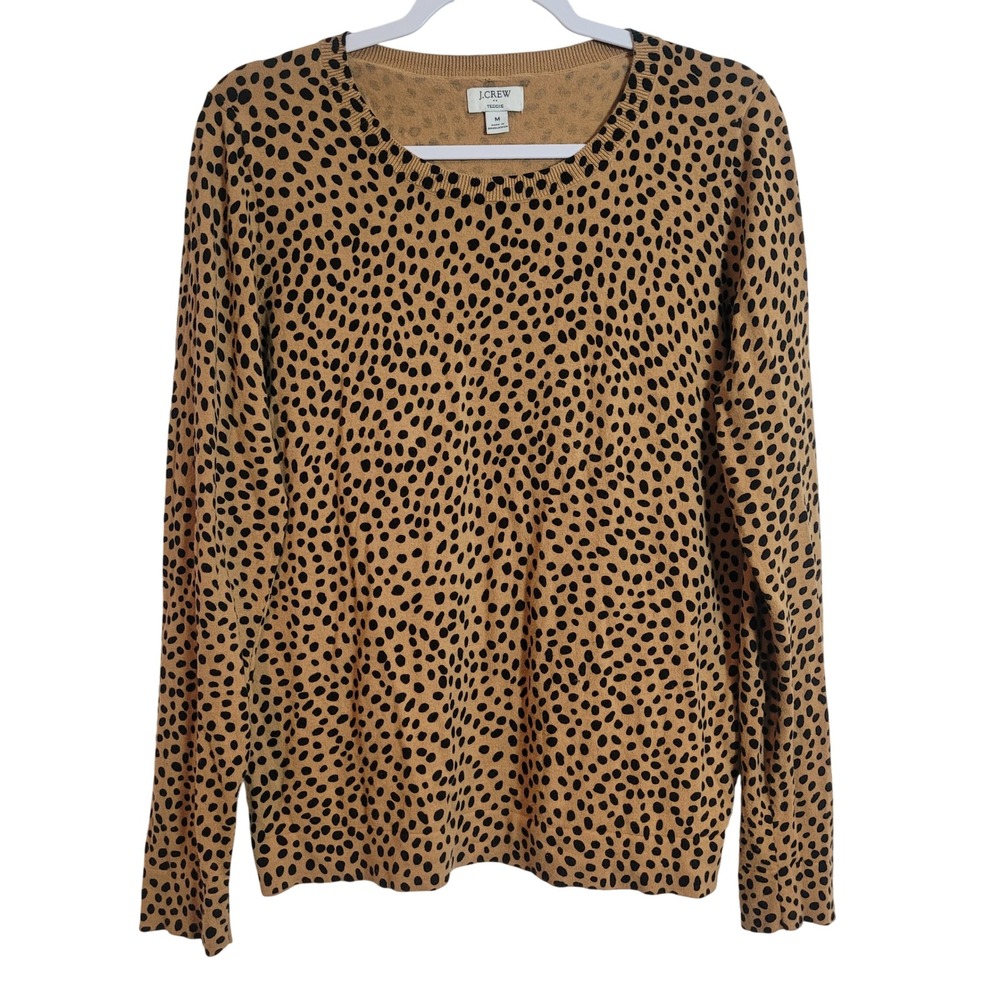 J. Crew Teddie Leopard Print Crewneck Sweater Tan Black Women Size Medium Preppy